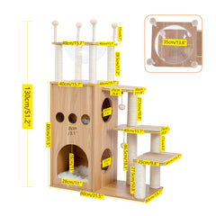 Modern Wooden Cat Tree Multi-Level Cat Tower With Fully Sisal Covering Scratching Posts, Deluxe Condos And Large Space Capsule Nest