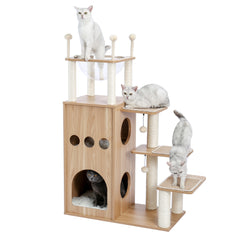 Modern Wooden Cat Tree Multi-Level Cat Tower With Fully Sisal Covering Scratching Posts, Deluxe Condos And Large Space Capsule Nest