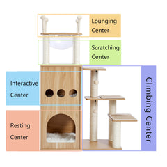 Modern Wooden Cat Tree Multi-Level Cat Tower With Fully Sisal Covering Scratching Posts, Deluxe Condos And Large Space Capsule Nest