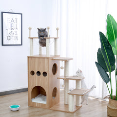 Modern Wooden Cat Tree Multi-Level Cat Tower With Fully Sisal Covering Scratching Posts, Deluxe Condos And Large Space Capsule Nest