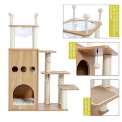 Modern Wooden Cat Tree Multi-Level Cat Tower With Fully Sisal Covering Scratching Posts, Deluxe Condos And Large Space Capsule Nest