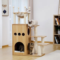 Modern Wooden Cat Tree Multi-Level Cat Tower With Fully Sisal Covering Scratching Posts, Deluxe Condos And Large Space Capsule Nest