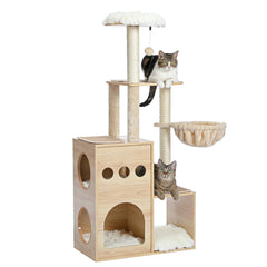 Modern Luxury Cat Tree Wooden Multi-Level Cat Tower Cat Sky Castle With 2 Cozy Condos, Cozy Perch, Spacious Hammock And Interactive Dangling Ball