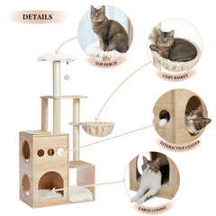 Modern Luxury Cat Tree Wooden Multi-Level Cat Tower Cat Sky Castle With 2 Cozy Condos, Cozy Perch, Spacious Hammock And Interactive Dangling Ball