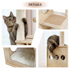 Modern Luxury Cat Tree Wooden Multi-Level Cat Tower Cat Sky Castle With 2 Cozy Condos, Cozy Perch, Spacious Hammock And Interactive Dangling Ball