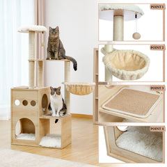 Modern Luxury Cat Tree Wooden Multi-Level Cat Tower Cat Sky Castle With 2 Cozy Condos, Cozy Perch, Spacious Hammock And Interactive Dangling Ball