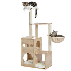 Modern Luxury Cat Tree Wooden Multi-Level Cat Tower Cat Sky Castle With 2 Cozy Condos, Cozy Perch, Spacious Hammock And Interactive Dangling Ball