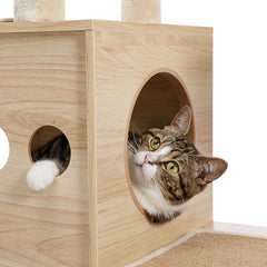 Modern Luxury Cat Tree Wooden Multi-Level Cat Tower Cat Sky Castle With 2 Cozy Condos, Cozy Perch, Spacious Hammock And Interactive Dangling Ball