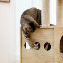 Modern Luxury Cat Tree Wooden Multi-Level Cat Tower Cat Sky Castle With 2 Cozy Condos, Cozy Perch, Spacious Hammock And Interactive Dangling Ball