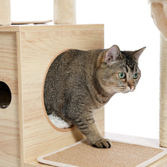 Modern Luxury Cat Tree Wooden Multi-Level Cat Tower Cat Sky Castle With 2 Cozy Condos, Cozy Perch, Spacious Hammock And Interactive Dangling Ball