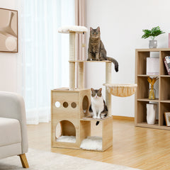 Modern Luxury Cat Tree Wooden Multi-Level Cat Tower Cat Sky Castle With 2 Cozy Condos, Cozy Perch, Spacious Hammock And Interactive Dangling Ball