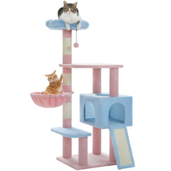 Flower Cat Tree 47.2" Multi-Level Cat Tower with Sisal Covered Scratching Posts,Cute Cat Condo for Indoor Small Medium Cats, Pink Top Perch, Ramp, Fluffy Ball, Blue