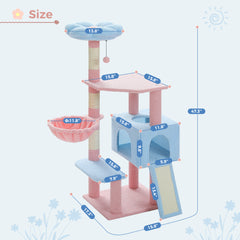 Flower Cat Tree 47.2" Multi-Level Cat Tower with Sisal Covered Scratching Posts,Cute Cat Condo for Indoor Small Medium Cats, Pink Top Perch, Ramp, Fluffy Ball, Blue