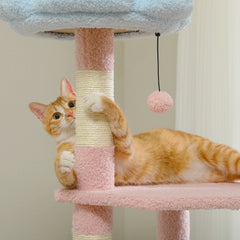 Flower Cat Tree 47.2" Multi-Level Cat Tower with Sisal Covered Scratching Posts,Cute Cat Condo for Indoor Small Medium Cats, Pink Top Perch, Ramp, Fluffy Ball, Blue