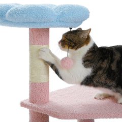 Flower Cat Tree 47.2" Multi-Level Cat Tower with Sisal Covered Scratching Posts,Cute Cat Condo for Indoor Small Medium Cats, Pink Top Perch, Ramp, Fluffy Ball, Blue