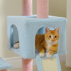 Flower Cat Tree 47.2" Multi-Level Cat Tower with Sisal Covered Scratching Posts,Cute Cat Condo for Indoor Small Medium Cats, Pink Top Perch, Ramp, Fluffy Ball, Blue