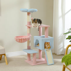 Flower Cat Tree 47.2" Multi-Level Cat Tower with Sisal Covered Scratching Posts,Cute Cat Condo for Indoor Small Medium Cats, Pink Top Perch, Ramp, Fluffy Ball, Blue