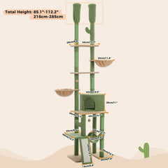 Cactus Cat Tree Floor to Ceiling Cat Tower with Adjustable Height (85-112 Inches), 7 Tiers Climbing Activity Center with Cozy Hammocks