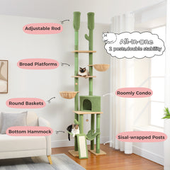 Cactus Cat Tree Floor to Ceiling Cat Tower with Adjustable Height (85-112 Inches), 7 Tiers Climbing Activity Center with Cozy Hammocks